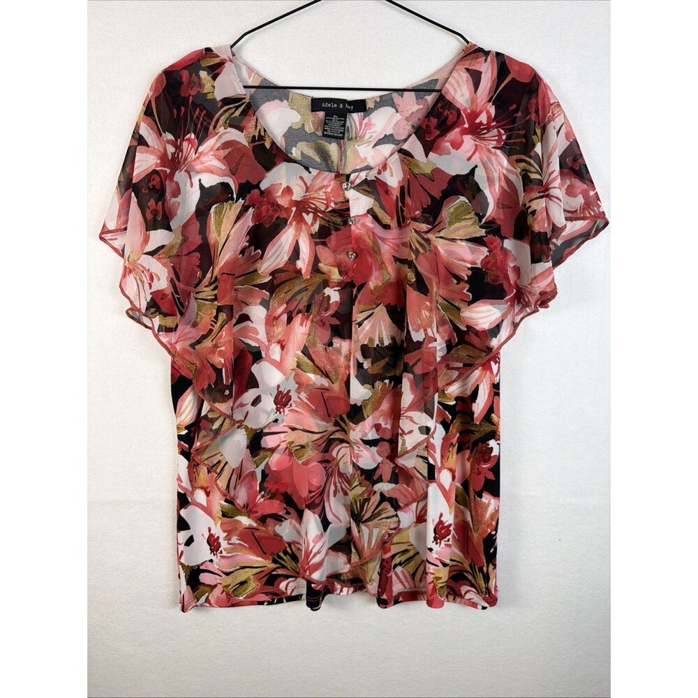 Adele & May Womens XL Pink Floral Blouse Flutter Short Sleeve Chiffon Sheer Top